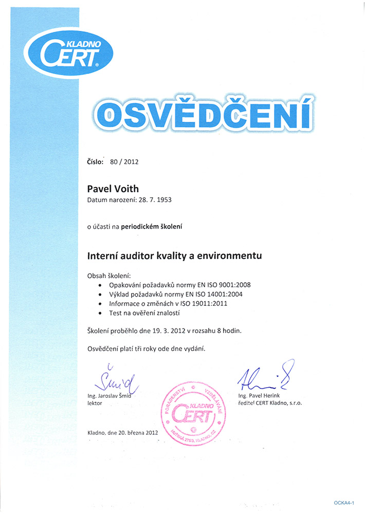 Osvědčení 80 2012 - interní auditor kvality a enviromentu Voith