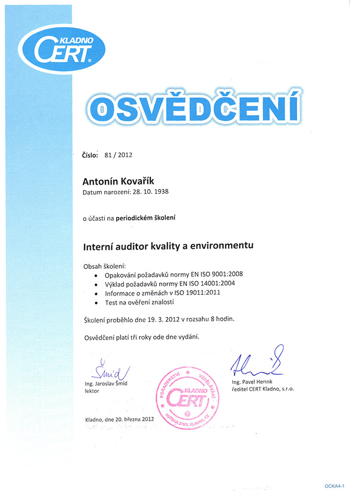 Osvědčení 81 2012 - interní auditor kvality a enviromentu Kovařík